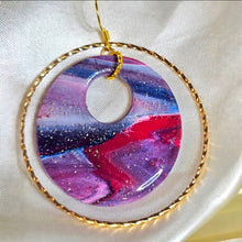 Load image into Gallery viewer, Polymer Clay Double Hoop Drop Earrings — Sunset Swirls of Color Donut Earrings. Signature Sculpted Collection