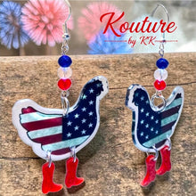 Load image into Gallery viewer, Patriotic Chicken Earrings: USA Flag Dangle Boot Jewelry with Sterling Silver Hooks