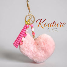 Load image into Gallery viewer, Pink Fluffy Heart Pom Pom Keychain with Tassel & Heart Beads | Kouture by KK