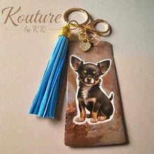 Load image into Gallery viewer, Chihuahua Puppy Resin Keychain with Blue Tassel & Heart Charm