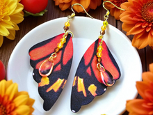 Load image into Gallery viewer, BUTTERFLY EARRINGS. Butterfly Wing Earrings. Orange and Yellow Monarch Butterfly Earrings. Butterfly Jewelry. Cyrstal Bead Earrings.
