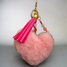 Load image into Gallery viewer, Pink Fluffy Heart Pom Pom Keychain with Tassel & Heart Beads | Kouture by KK