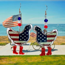 Load image into Gallery viewer, Patriotic Chicken Earrings: USA Flag Dangle Boot Jewelry with Sterling Silver Hooks
