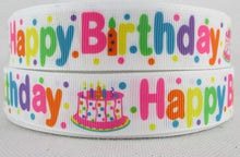 Load image into Gallery viewer, 12 yards in stock continuous - 5/8" Happy Birthday grosgrain ribbon. Birthday Cake Ribbon