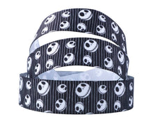 Load image into Gallery viewer, 7/8" Jack Skellington Grosgrain Ribbon. Halloween Nightmare Before Christmas Ribbon. Black and White Jack Skellington Ribbon