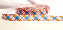 Load image into Gallery viewer, 5 yards in stock - 5/8" Buffalo Ribbon Plaid Tartan Ribbon. Bright Pink, Orange, Light Blues and White mixed in a beautiful Design. Grosgrain Ribbon.