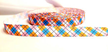 Load image into Gallery viewer, 5 yards in stock - 5/8" Buffalo Ribbon Plaid Tartan Ribbon. Bright Pink, Orange, Light Blues and White mixed in a beautiful Design. Grosgrain Ribbon.
