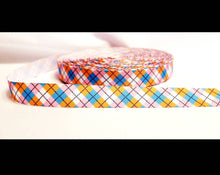 Load image into Gallery viewer, 5 yards in stock - 5/8" Buffalo Ribbon Plaid Tartan Ribbon. Bright Pink, Orange, Light Blues and White mixed in a beautiful Design. Grosgrain Ribbon.