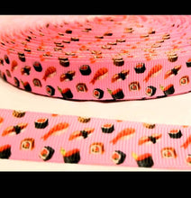 Load image into Gallery viewer, 5/8" "Sushi"- Sushi Ribbon- Sashimi Roll-California Roll-Shrimp- Ribbon-Fish Ribbon- Pink Sushi Ribbon.