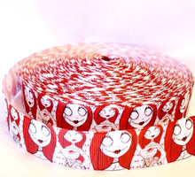 Load image into Gallery viewer, 7/8" or 1.5" wide Rag doll Sally Grosgrain Ribbon. Jack and Sally Skellington Halloween Nightmare Before Christmas Ribbon.
