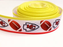 Load image into Gallery viewer, 7/8" Kansas City Chiefs Football Ribbon. Football Grosgrain Ribbon NFL Sports Ribbon. Football Design