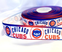Load image into Gallery viewer, 5/8" Chicago Cubs Patriotic Ribbon. Baseball Sports MLB Ribbon. Red White and Blue Chicago Cubs Grosgrain Ribbon