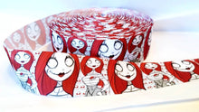 Load image into Gallery viewer, 7/8" or 1.5" wide Rag doll Sally Grosgrain Ribbon. Jack and Sally Skellington Halloween Nightmare Before Christmas Ribbon.