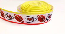 Load image into Gallery viewer, 7/8" Kansas City Chiefs Football Ribbon. Football Grosgrain Ribbon NFL Sports Ribbon. Football Design