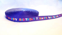 Load image into Gallery viewer, 5/8" Happy Birthday Purple with Bright Colors Saying Happy Birthday grosgrain ribbon. Birthday Cake Ribbon