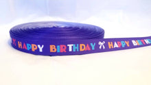 Load image into Gallery viewer, 5/8" Happy Birthday Purple with Bright Colors Saying Happy Birthday grosgrain ribbon. Birthday Cake Ribbon