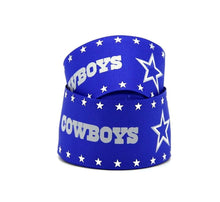 Load image into Gallery viewer, 1.5" Dallas Cowboys Blue Silver Foil Stars Grosgrain Ribbon. NFL Football- Team Sports Ribbon- Wide Ribbon
