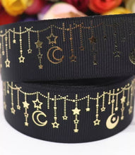 Load image into Gallery viewer, 1.5" Black Gold Foil Moon and Stars Grosgrain Ribbon. Twilight Galaxy ribbon