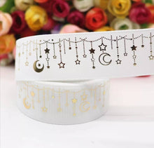 Load image into Gallery viewer, 1" White Wedding Gold Foil Moon and Stars Grosgrain Ribbon