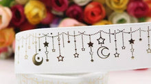 Load image into Gallery viewer, 1" White Wedding Gold Foil Moon and Stars Grosgrain Ribbon