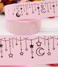 Load image into Gallery viewer, 1" Pink Gold Foil Moon and Stars Grosgrain Ribbon