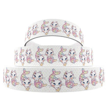 Load image into Gallery viewer, 7/8" Kitty Cat Mermaid Grosgrain Ribbon. Mermaid Scales. Cat Ribbon. Kitten Ribbon