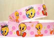 Load image into Gallery viewer, 1'' Tweety Bird Grosgrain ribbon. Pink Tweety Bird with Flowers Cartoon Classics