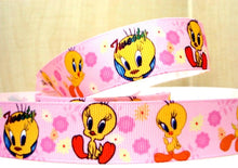 Load image into Gallery viewer, 1'' Tweety Bird Grosgrain ribbon. Pink Tweety Bird with Flowers Cartoon Classics