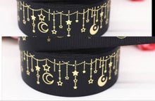Load image into Gallery viewer, 1.5" Black Gold Foil Moon and Stars Grosgrain Ribbon. Twilight Galaxy ribbon