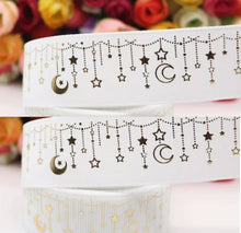 Load image into Gallery viewer, 1" White Wedding Gold Foil Moon and Stars Grosgrain Ribbon