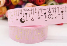 Load image into Gallery viewer, 1" Pink Gold Foil Moon and Stars Grosgrain Ribbon