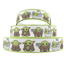 Load image into Gallery viewer, Baby Green Alien Grosgrain Ribbon. In 5/8" , 7/8" and 1.5" wide Ribbon. Baby Yoda Bathtub. Baby Shower Yoda Ribbon