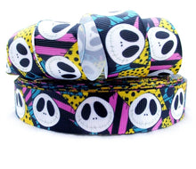 Load image into Gallery viewer, 7/8" and 1.5" Jack Skellington with Rag Doll Sally Background Grosgrain Ribbon. Jack and Sally Halloween Nightmare Before Christmas Ribbon.