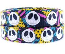 Load image into Gallery viewer, 7/8" and 1.5" Jack Skellington with Rag Doll Sally Background Grosgrain Ribbon. Jack and Sally Halloween Nightmare Before Christmas Ribbon.