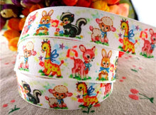 Load image into Gallery viewer, 7/8" Nursery Room Baby Animals Ribbon. Baby Giraffe Ribbon. Baby Fawn Ribbon. Baby Lamb. Baby Bunny Rabbit Ribbon. Baby Shower Ribbon