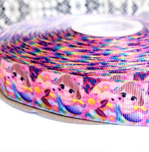 Load image into Gallery viewer, 5/8" Mermaid Grosgrain Ribbon. Purple Mermaid Scales.
