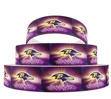 Load image into Gallery viewer, NFL Baltimore Ravens Ribbon. In 7/8" and 1.5" NFL Football Ribbon Sports Team Ribbon