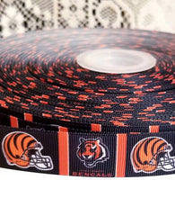 Load image into Gallery viewer, 7/8" Cincinnati Bengals Grosgrain Ribbon. NFL Football Sports Ribbon.  Bengals Helmet