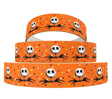 Load image into Gallery viewer, 7/8" Jack Skellington Bright Orange Ribbon. Halloween Nightmare Before Christmas Ribbon. Grosgrain Ribbon