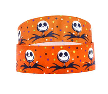 Load image into Gallery viewer, 7/8" Jack Skellington Bright Orange Ribbon. Halloween Nightmare Before Christmas Ribbon. Grosgrain Ribbon