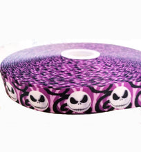 Load image into Gallery viewer, 7/8" Jack Skellington Purple with slightly different background than our other Ribbon. Halloween Nightmare Before Christmas Ribbon.