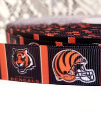Load image into Gallery viewer, 7/8" Cincinnati Bengals Grosgrain Ribbon. NFL Football Sports Ribbon.  Bengals Helmet