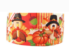 Load image into Gallery viewer, 7/8" Thanksgiving Turkey grosgrain Ribbon. Fall Holiday Robbon. Pumpkins Ribbon. Thanksgiving Pilgrim Turkeys. Acorns