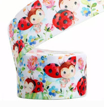 Load image into Gallery viewer, 5/8" and 7/8" LadyBug Grosgrain Ribbon. Baby Ladybugs Flower Garden Ribbon