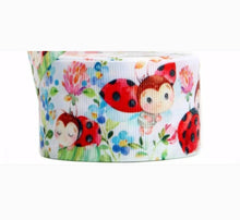 Load image into Gallery viewer, 5/8" and 7/8" LadyBug Grosgrain Ribbon. Baby Ladybugs Flower Garden Ribbon