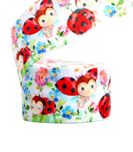 Load image into Gallery viewer, 5/8" and 7/8" LadyBug Grosgrain Ribbon. Baby Ladybugs Flower Garden Ribbon