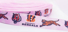 Load image into Gallery viewer, 7/8" Pink Cincinnati Bengals Grosgrain Ribbon. Football Ribbon NFL Sports Girl Power Pink Sports Ribbon
