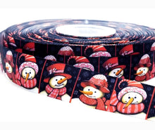 Load image into Gallery viewer, 7/8" Snowman, Winter Wonderland Christmas Ribbon. Classic Red Scarves and Christmas Hats