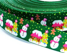 Load image into Gallery viewer, 7/8" Gingerbread Candy House Ribbon. Gingerbread men. Candy land. Christmas Tree Ribbon Snowman, Winter Wonderland Christmas Ribbon.