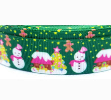 Load image into Gallery viewer, 7/8" Gingerbread Candy House Ribbon. Gingerbread men. Candy land. Christmas Tree Ribbon Snowman, Winter Wonderland Christmas Ribbon.